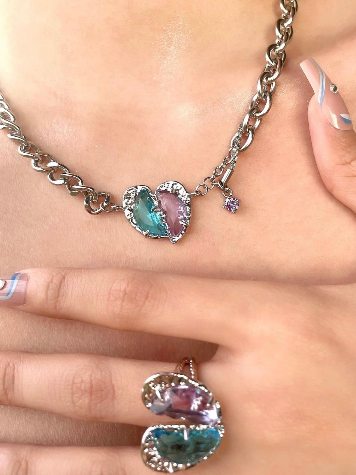 Ice Blue Purple Gem Heart Necklace/Ring