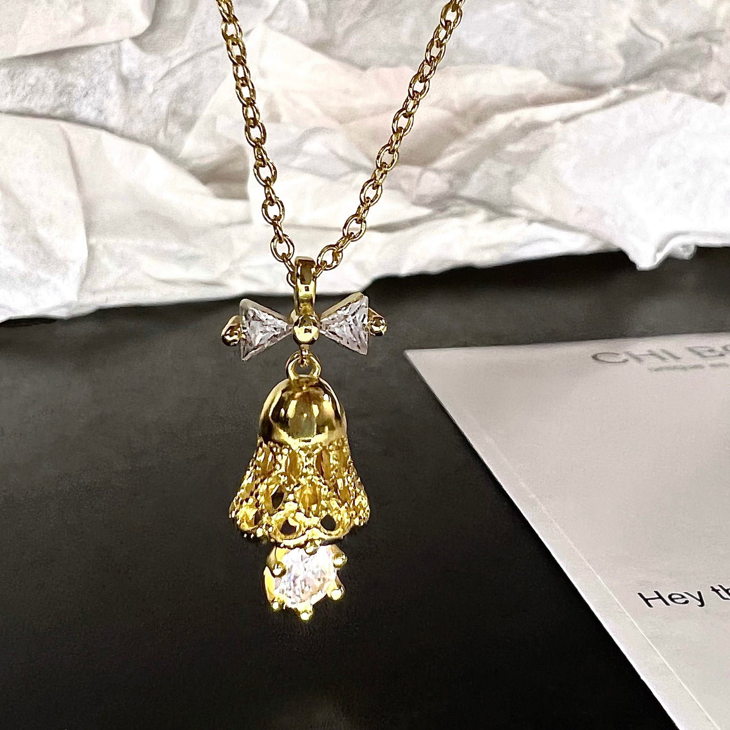 Golden Bell Zircon Drop Necklace