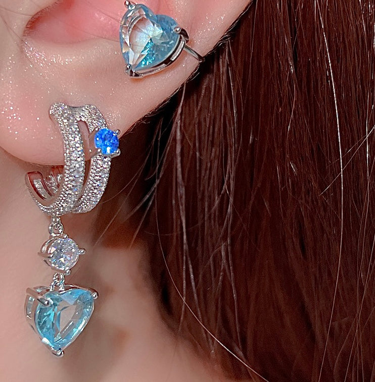 Blue Heart Sparkle Zircon Earrings