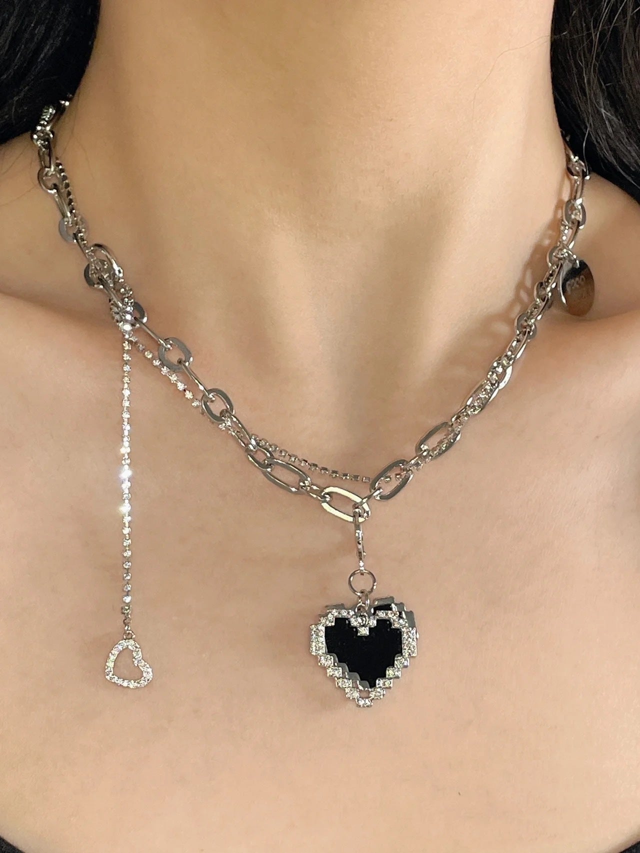 Pixel Heart Rhinestone Chain Necklace